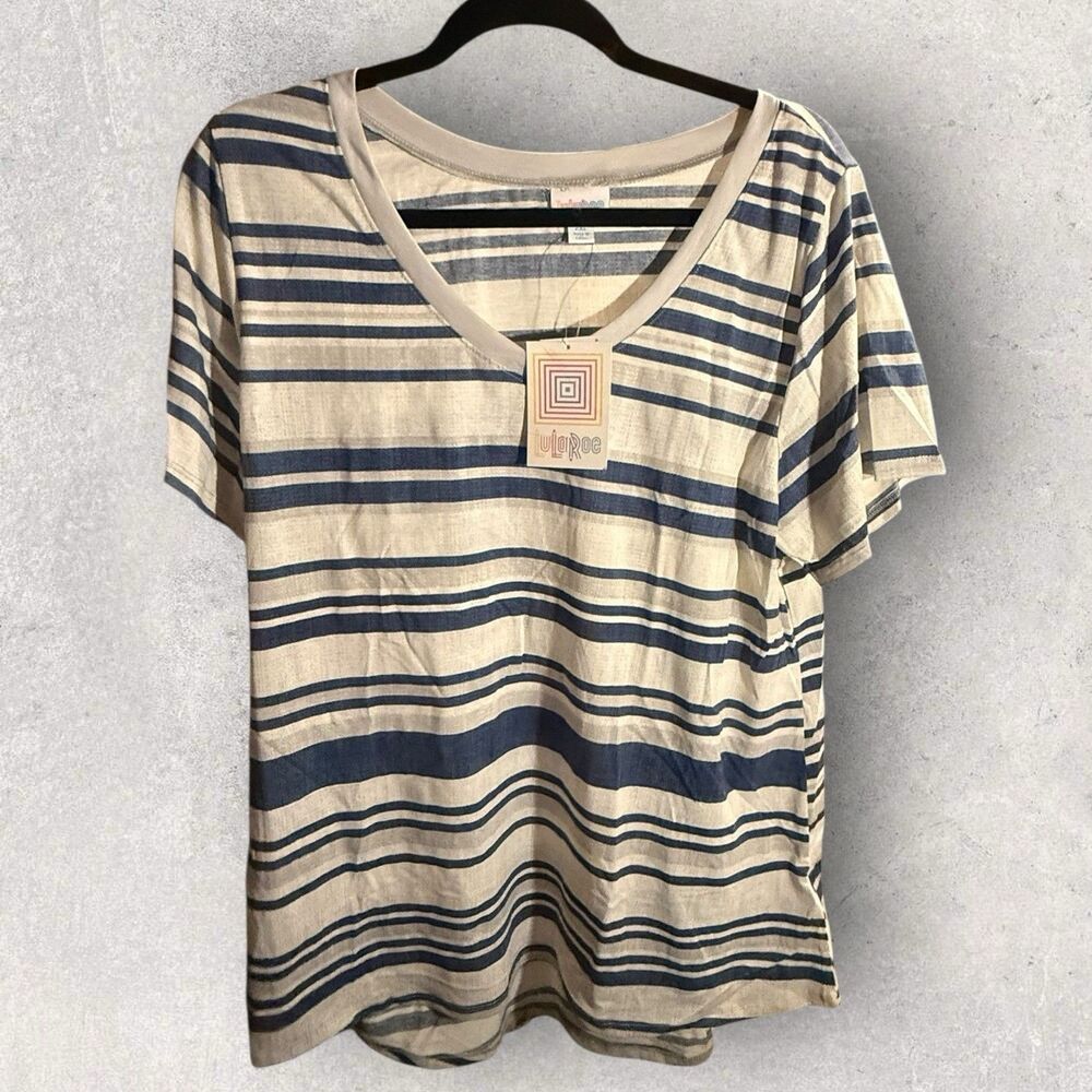 LuLaRoe Christy T - NWT- 2XL- Blue, Gray And White Stripe Print-HTF Unicorn